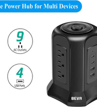Power Strip Tower Surge Protector  10Ft Flat Plug Desktop Charging Station 9 AC Outlets 4 USB Ports, 900 Joules, Long Extension Cord for Home Office Appliances Smartphones Computer Tablets(Black)