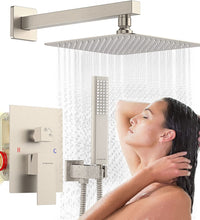 Rain Shower System Sets Faucet:  10 Inch Overhead Rainhead Shower Combo Set with Handheld and Valve-Luxury Modern Mixer Rainfall Brushed Nickel Shower Faucets Sets Complete