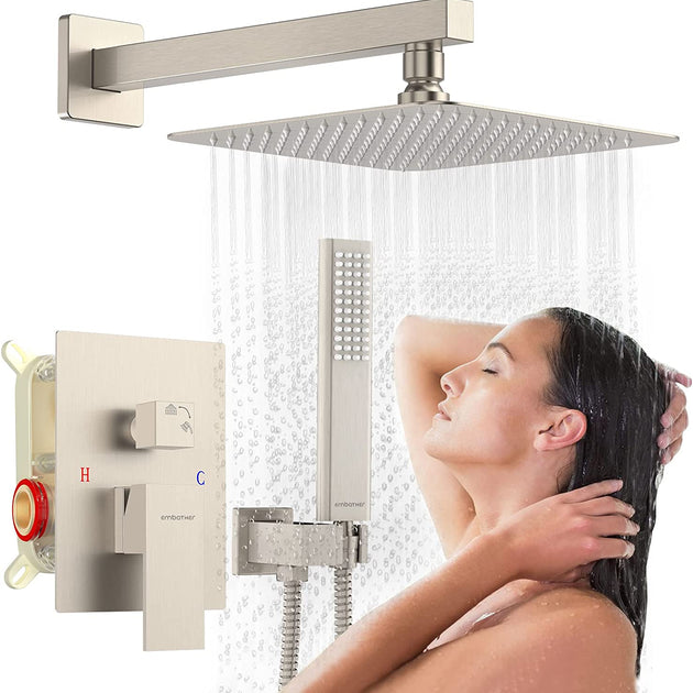 Rain Shower System Sets Faucet:  10 Inch Overhead Rainhead Shower Combo Set with Handheld and Valve-Luxury Modern Mixer Rainfall Brushed Nickel Shower Faucets Sets Complete