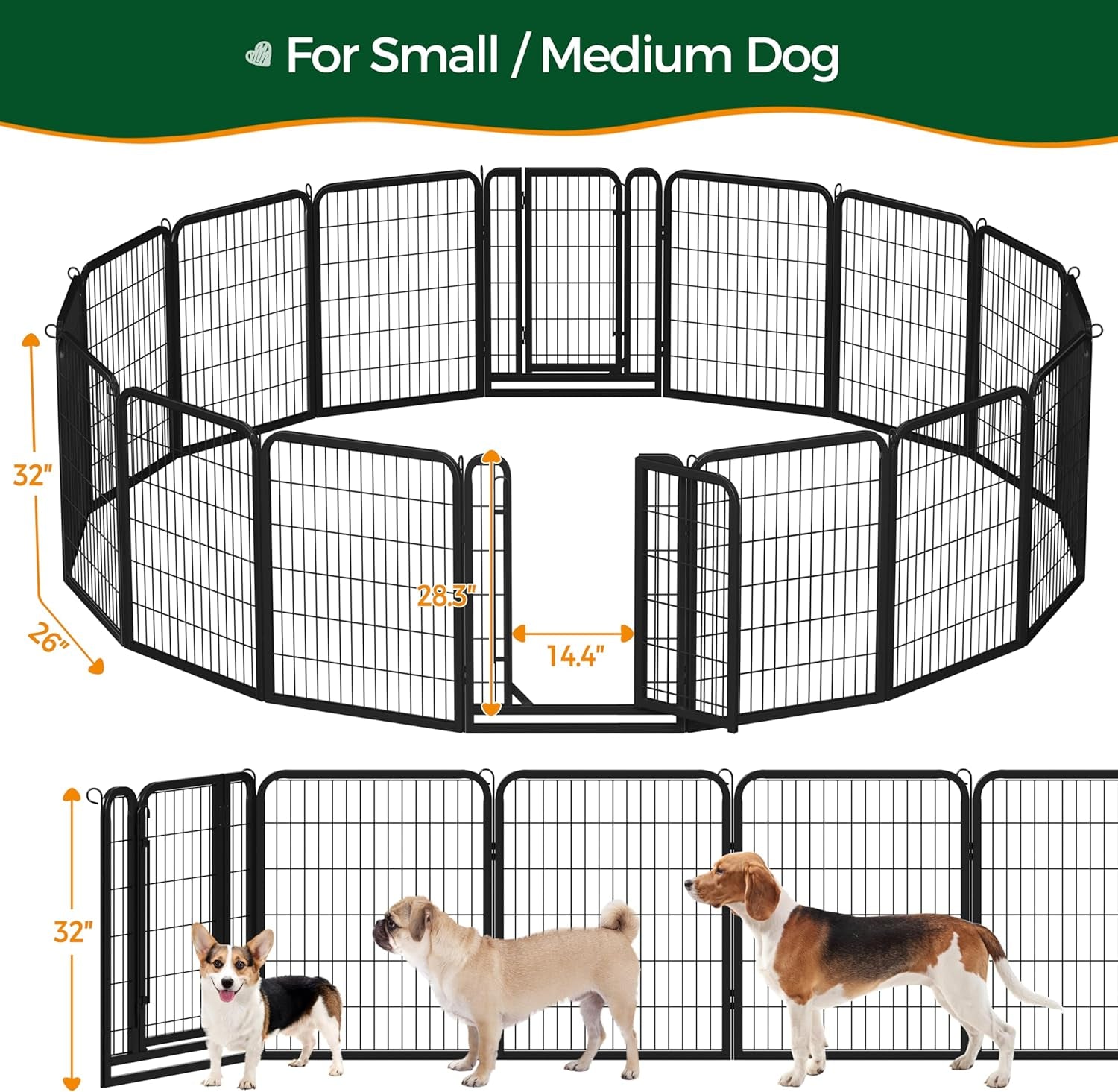 Dog Playpen Outdoor, 32 Inch 16 Panels Dog Pen Indoor Heavy Duty Puppy Exercise Pen Metal Pet Fence for RV Camping/Yard/Garden