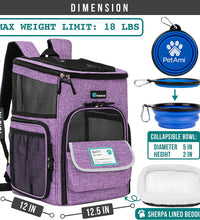 Dog Backpack Carrier, Airline Approved Cat Backpacks for Carrying Small Large Cats, Pet Carrier Back Pack, Ventilated Soft Sided for Travel, Hiking, Camping, Max 18 Lbs, Purple
