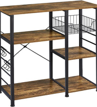 4-Tier Kitchen Baker'S Rack, Coffee Bar Microwave Stand Cart with Wire Basket & 6 Side Hooks, Kitchen Organizer Shelf for Spices/Utensils Foods, Rustic Brown