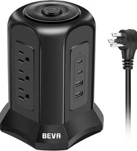 Power Strip Tower Surge Protector  10Ft Flat Plug Desktop Charging Station 9 AC Outlets 4 USB Ports, 900 Joules, Long Extension Cord for Home Office Appliances Smartphones Computer Tablets(Black)