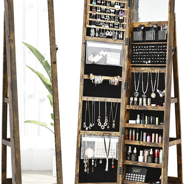360° Swivel Jewelry Armoire with Higher Full Length Mirror, Standing Lockable Jewelry Cabinet Organizer, Large Storage Capacity, inside Makeup Mirror, Back Storage Shelves (Rustic Brown)