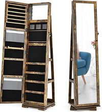 360° Swivel Jewelry Armoire with Higher Full Length Mirror, Standing Lockable Jewelry Cabinet Organizer, Large Storage Capacity, inside Makeup Mirror, Back Storage Shelves (Rustic Brown)
