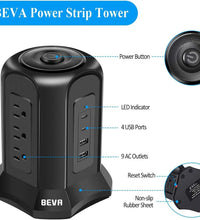 Power Strip Tower Surge Protector  10Ft Flat Plug Desktop Charging Station 9 AC Outlets 4 USB Ports, 900 Joules, Long Extension Cord for Home Office Appliances Smartphones Computer Tablets(Black)
