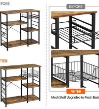 4-Tier Kitchen Baker'S Rack, Coffee Bar Microwave Stand Cart with Wire Basket & 6 Side Hooks, Kitchen Organizer Shelf for Spices/Utensils Foods, Rustic Brown