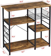 4-Tier Kitchen Baker'S Rack, Coffee Bar Microwave Stand Cart with Wire Basket & 6 Side Hooks, Kitchen Organizer Shelf for Spices/Utensils Foods, Rustic Brown