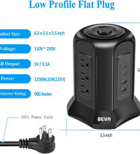 Power Strip Tower Surge Protector  10Ft Flat Plug Desktop Charging Station 9 AC Outlets 4 USB Ports, 900 Joules, Long Extension Cord for Home Office Appliances Smartphones Computer Tablets(Black)