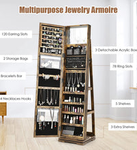 360° Swivel Jewelry Armoire with Higher Full Length Mirror, Standing Lockable Jewelry Cabinet Organizer, Large Storage Capacity, inside Makeup Mirror, Back Storage Shelves (Rustic Brown)