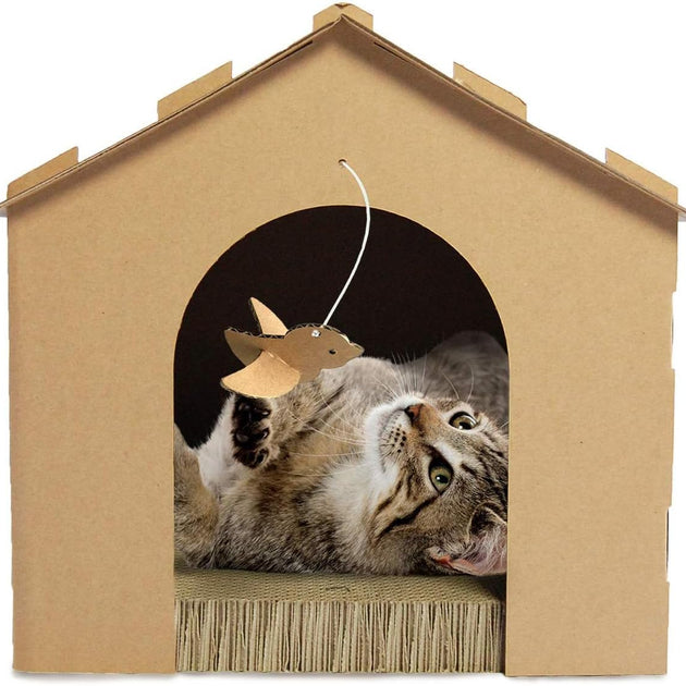 Cardboard Cat House Gingerbread House, Cat Hideout Scratcher with Detachable Hanging Toys