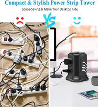 Power Strip Tower Surge Protector  10Ft Flat Plug Desktop Charging Station 9 AC Outlets 4 USB Ports, 900 Joules, Long Extension Cord for Home Office Appliances Smartphones Computer Tablets(Black)