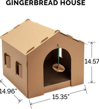 Cardboard Cat House Gingerbread House, Cat Hideout Scratcher with Detachable Hanging Toys
