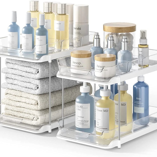 2 Pack Set under Sink Organizers and Storage, 2 Tier Sliding Bathroom Sink Organizer, Multi-Use under Kitchen Cabinet Storage Shelf (S&L), Transparent