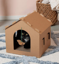 Cardboard Cat House Gingerbread House, Cat Hideout Scratcher with Detachable Hanging Toys