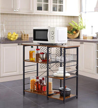 4-Tier Kitchen Baker'S Rack, Coffee Bar Microwave Stand Cart with Wire Basket & 6 Side Hooks, Kitchen Organizer Shelf for Spices/Utensils Foods, Rustic Brown