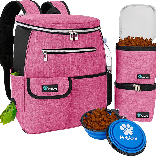 Dog Travel Bag Backpack, Airline Approved Dog Bags for Traveling, Puppy Diaper Bag Supplies, Pet Camping Essentials Hiking Accessories Dog Mom Gift, Food Container, Collapsible Bowls, Pink